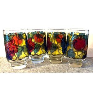 Set of 4 Libbey Stained Glass Fruit Pattern 5.5" MCM tumblers  #2721
